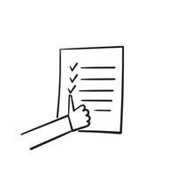 document de liste de contrôle doodle dessiné à la main et icône d'illustration pouce vers le haut vecteur