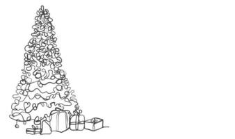 arbre de noël et cadeaux ou coffret cadeau. dessin de joyeux noël en ligne continue. conception de vecteur