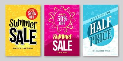 conceptions de bannières vectorielles de vente d'été définies pour la promotion de la remise des achats de saison avec des arrière-plans et des motifs colorés. vecteur