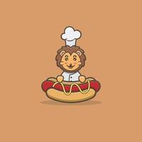 mignon bébé lion avec le chef sur un hot-dog. personnage, mascotte, icône, logo, dessin animé et design mignon. vecteur