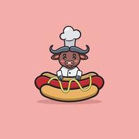 buffle mignon avec costume de chef et hot-dog. vecteur