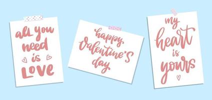 ensemble de citations de la Saint-Valentin à la main isolées sur des feuilles de papier blanc pour affiches, cartes de voeux, impressions, invitations, autocollants, etc. eps 10 vecteur