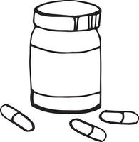 bouteille et capsules dessinées à la main dans un style doodle. élément unique pour la conception, médecine de pharmacie vecteur