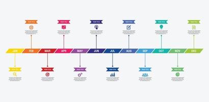 Infographie chronologique sur 12 mois ou 1 an, infographie chronologique pour le rapport annuel et la présentation, vecteur de conception d'infographie chronologique et entreprise de présentation.