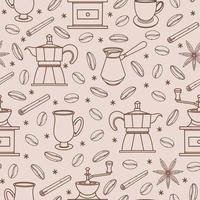 modèle vectorielle continue d'accessoires de café. illustration dessinée à la main sur un fond clair. attributs pour préparer une boisson - cafetière, moulin, haricots, turc, tasse, cannelle. notion vintage. vecteur