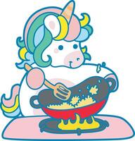 illustration de mignonne Licorne Activités icône. marrant arc en ciel Licorne du quotidien routine autocollants. Licorne cuisine une frit riz vecteur