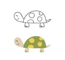 illustration vectorielle de tortue mignonne dessinés à la main. version contour et couleur. vecteur