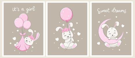 un ensemble de lapins mignons pour une fille. fais de beaux rêves, la lune, les fleurs et les vols en montgolfière. illustration vectorielle d'un dessin animé. vecteur