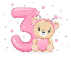 une illustration du dessin animé - joyeux anniversaire, 3 ans, une jolie petite fille ours. illustration vectorielle. vecteur