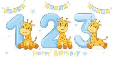 collection de 3 girafes mignonnes - joyeux anniversaire, 1,2,3 ans. illustration vectorielle d'un dessin animé. vecteur