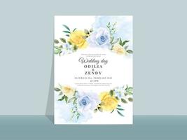 carte d'invitation de mariage avec de belles fleurs bleues et jaunes vecteur