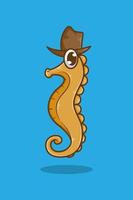 cheval de mer avec illustration de dessin animé de chapeau de cowboy vecteur