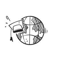 globe de griffonnage dessiné à la main et symbole de chapeau de graduation pour l'icône en ligne de l'éducation internationale vecteur