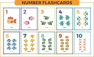 flashcards de nombres définis de un à dix pour l'apprentissage préscolaire. maths anglais pour les enfants. illustration vectorielle vecteur