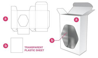 emballage en carton avec fenêtre de forme hexagonale et gabarit de découpe en feuille de plastique vecteur