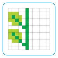 jeu éducatif de réflexion d'image pour les enfants. apprendre à remplir des feuilles de travail sur la symétrie pour les activités préscolaires. pages de grille à colorier, perception visuelle et pixel art. finir les feuilles de la plante. vecteur