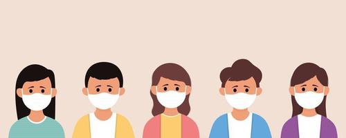 groupe d'enfants portant un masque médical pour prévenir les maladies, la grippe, la pollution de l'air, l'air contaminé, la pollution mondiale vecteur