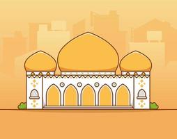 grande grande mosquée musulmane islamique avec dôme jaune or au milieu de la ville silhouette illustration vectorielle plane vecteur