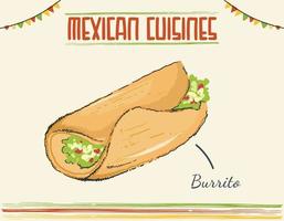 burrito mexicain, carnitas râpés farcis à la tortilla et coriandre fraîche sur serviette, burrito, logo de conception pour le menu du café de restauration rapide avec cuisine mexicaine. illustration vectorielle dans le style doodle croquis.