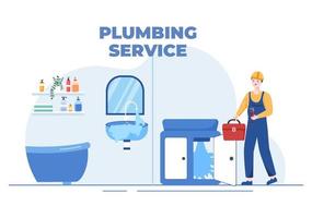 service de plomberie avec réparation de plombiers, entretien, réparation d'équipement de maison et de salle de bain en illustration d'arrière-plan plat