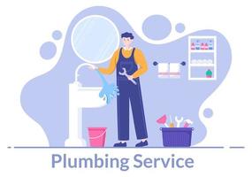 service de plomberie avec réparation de plombiers, entretien, réparation d'équipement de maison et de salle de bain en illustration d'arrière-plan plat