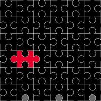 un ensemble de puzzles qui sont tous connectés. chaque pièce est grise mais il y en a une rouge. vecteur