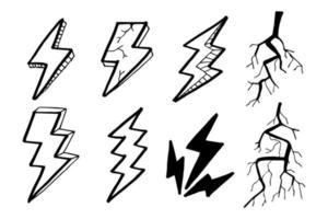 définir des illustrations de croquis de symbole d'éclair électrique doodle. tonnerre, illustration vectorielle vecteur