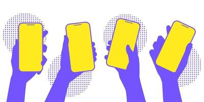 main tenant l'illustration vectorielle à la mode du smartphone pour le matériel de conception de combinaison de couleurs violet et jaune vecteur