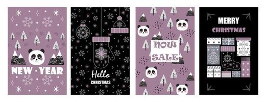 boules de noël sur les cartes de voeux de noël dans les grandes lignes. panda, montagne sont de style scandinave. les flocons de neige tombent. cadeau promotionnel, croquis d'affiches de soldes d'hiver. ensemble de griffonnages vectoriels minimaux du nouvel an. vecteur