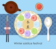 vecteur de bannière de festival chinois traditionnel dongzhi. fête du solstice d'hiver. soupe sucrée avec et boulettes de riz. les lettres chinoises signifient le pic de l'hiver.