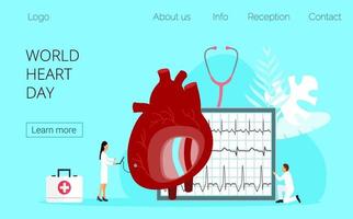 concept vectoriel de la journée mondiale du cœur le 28 septembre, sensibilisation aux soins de santé. les petits médecins soignent, soignent le cœur. concept de santé de l'hypotension et de l'hypertension pour la page de destination, le dépliant, le web.