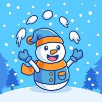 bonhomme de neige de dessin animé jouant à la boule de neige en hiver vecteur