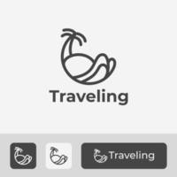 logo de voyage simple avec design de plage, île et palmier de style art en ligne vecteur