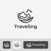 logo de voyage avec élément de montagne, mer et nuage, illustration d'icône de symbole simple et unique vecteur