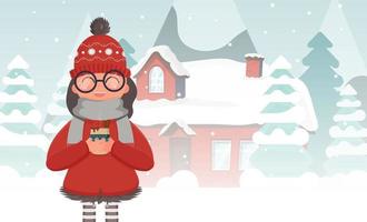 une fille en vêtements d'hiver tient une boisson chaude. maison dans une forêt enneigée. arbres de noël, montagnes, neige. bannière avec un espace pour le texte. illustration vectorielle. vecteur