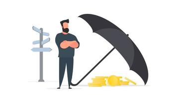 l'homme d'affaires garde le capital. un grand parapluie met l'argent à l'abri du risque et du danger. concept de bureau d'économie de capital et d'investissement. vecteur. vecteur