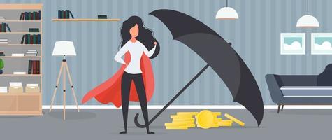 fille avec un manteau rouge. le parapluie couvre une montagne de pièces d'or. concept de sécurité des affaires et des finances. vecteur. vecteur