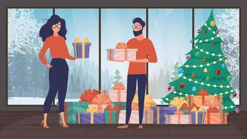 la fille et le gars tiennent des cadeaux dans leurs mains. femme et homme avec des cadeaux dans leurs mains. concept de vacances. vecteur. vecteur