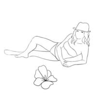 dessin au trait continu. belle femme allongée sur la plage. illustration vectorielle. vecteur