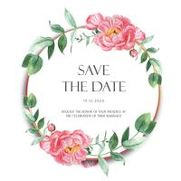 Pivoines roses couronnes aquarelles fleurs avec texte, aquarelle de fleurs isolé sur fond blanc. Décor de design pour mariage carte, affiche d&#39;invitation, bannière. vecteur