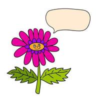personnage de fleur de dessin animé fantaisie heureux coloré avec bulle de dialogue isolé sur fond blanc. vecteur