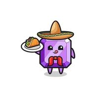 mascotte de chef mexicain de pierre gemme violette tenant un taco vecteur