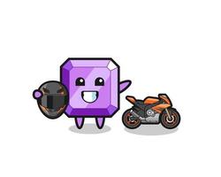dessin animé mignon de pierres précieuses violettes en tant que coureur de moto vecteur