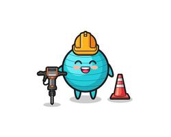 mascotte de travailleur routier de boule d'exercice tenant une perceuse vecteur