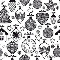 beau modèle sans couture de noël design avec des jouets de noël, des boules, des flocons de neige et des étoiles sur fond blanc. motif de surface géométrique graphique. vecteur