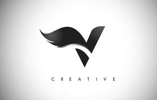 Création de logo d'ailes de lettre v avec icône d'aile de mouche d'oiseau noir. vecteur