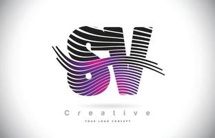 création de logo de lettre de texture sv sv zebra avec des lignes créatives et swosh en couleur violet magenta. vecteur