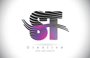 création de logo de lettre de texture st st zebra avec des lignes créatives et swosh de couleur violet magenta. vecteur