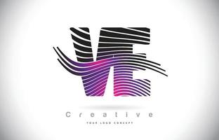 Création de logo de lettre de texture ve ve zebra avec des lignes créatives et swosh de couleur violet magenta. vecteur