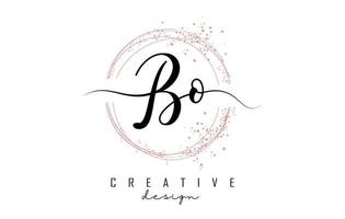 logo de lettre bo bo manuscrite avec des cercles étincelants avec des paillettes roses. vecteur